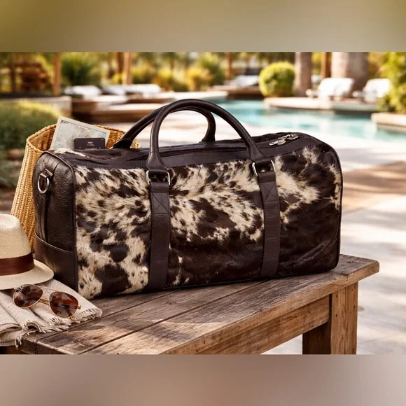 Genuine cowhide leather Duffel bag brown and cream hair on hide weekender